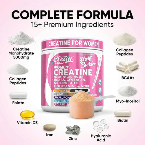 Creatine for Women | Creatine Monohydrate + BCAA Powder Myo-Inositol Collagen Biotin Hyaluronic Acid Folate L Glutamine Vitamin D3 Iron Zinc D-Chiro-Maca Digestion Shelf Builder By Clean Nutra,TROPICAL ORANGE FLAVOR