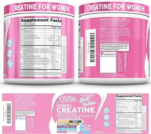 Creatine for Women | Creatine Monohydrate + BCAA Powder Myo-Inositol Collagen Biotin Hyaluronic Acid Folate L Glutamine Vitamin D3 Iron Zinc D-Chiro-Maca Digestion Shelf Builder By Clean Nutra,TROPICAL ORANGE FLAVOR