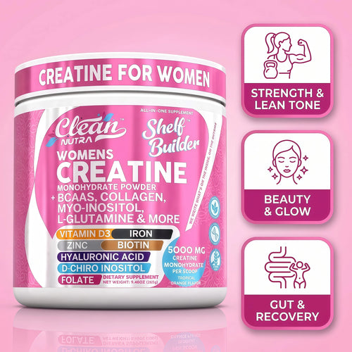 Creatine for Women | Creatine Monohydrate + BCAA Powder Myo-Inositol Collagen Biotin Hyaluronic Acid Folate L Glutamine Vitamin D3 Iron Zinc D-Chiro-Maca Digestion Shelf Builder By Clean Nutra,TROPICAL ORANGE FLAVOR